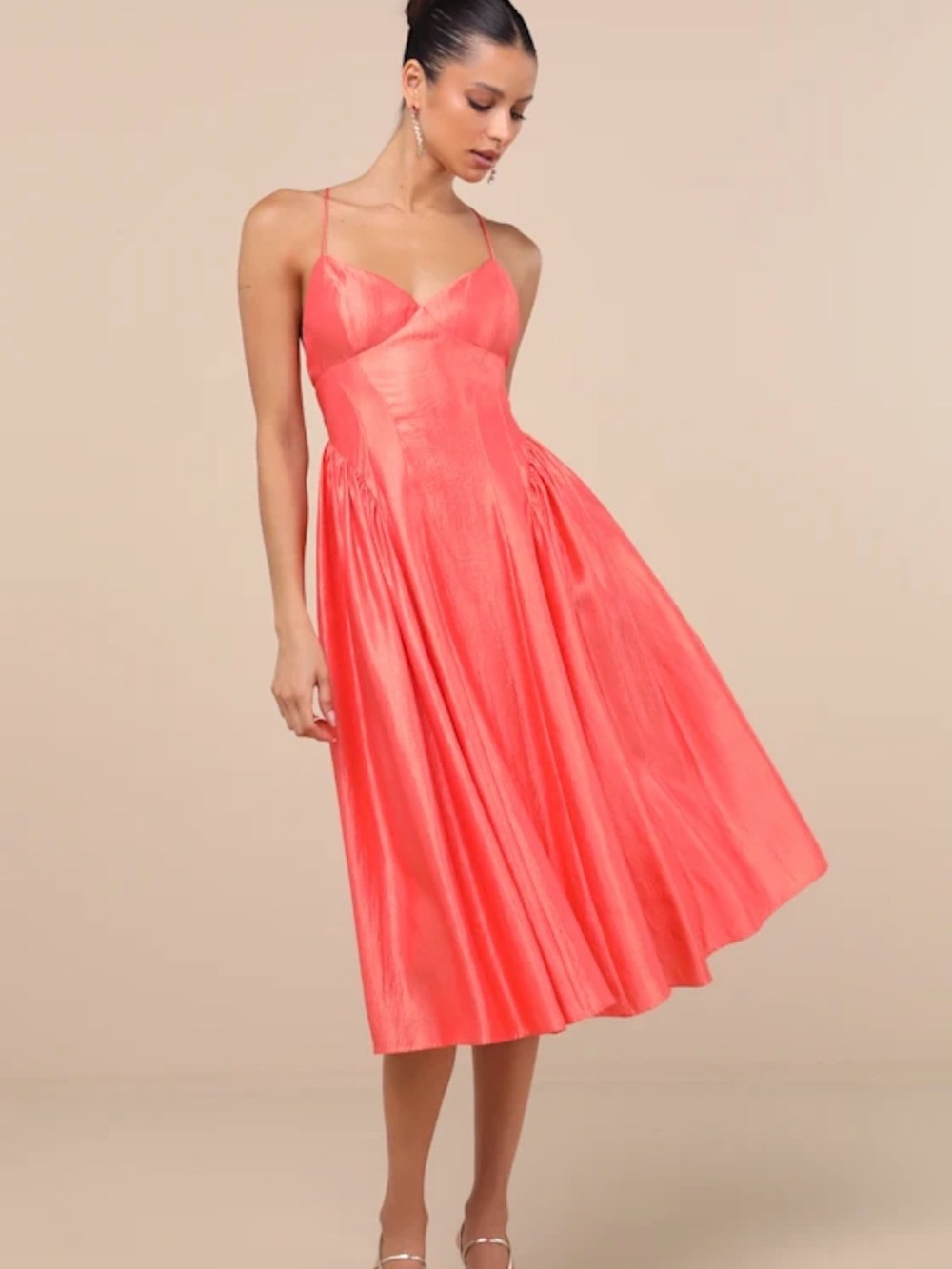 Lulus Paride Shiny Coral Gathered Lace-up Midi Dress Orange - Size S
